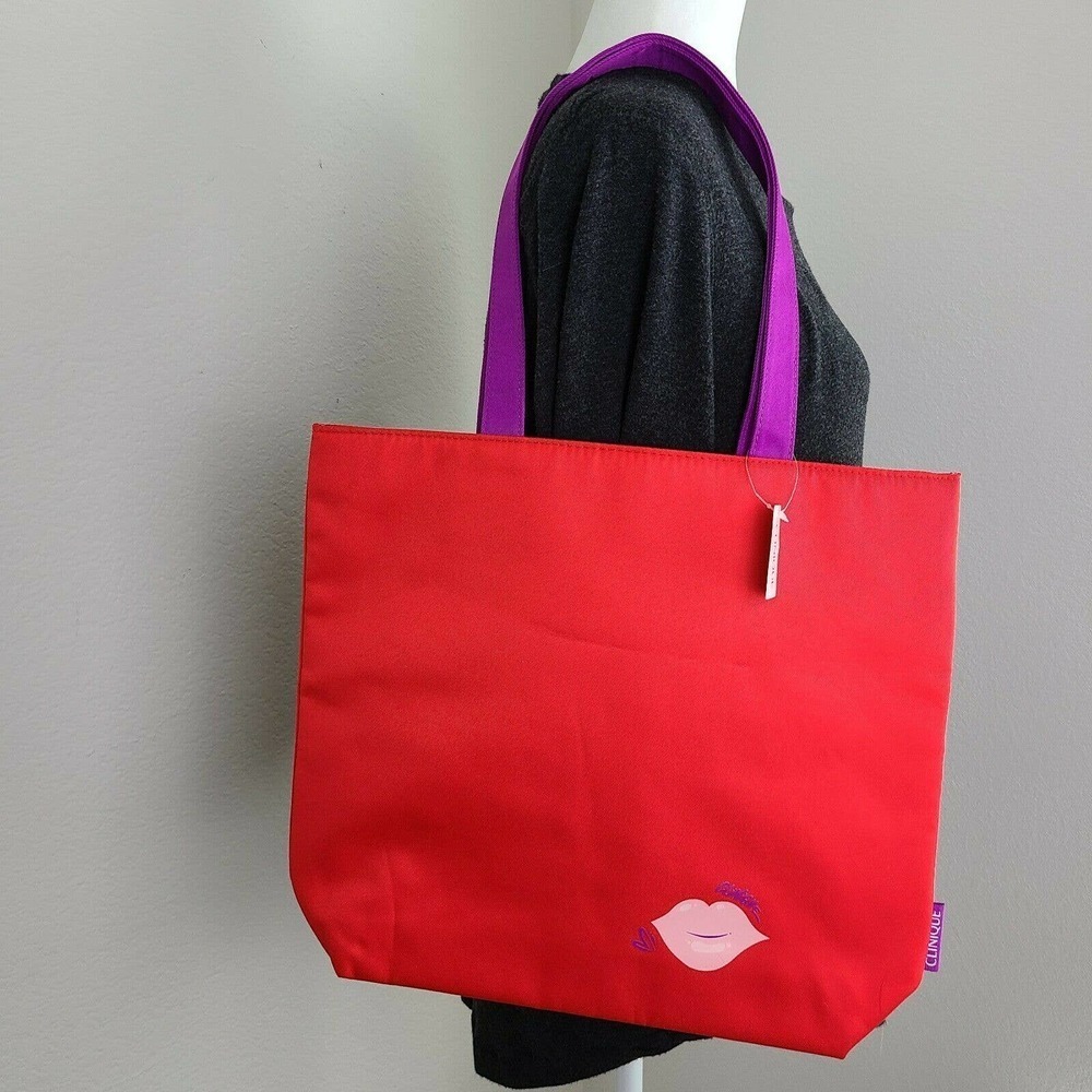 Clinique Tote Bag Red Purple Lips Graphic Color Block NWT Approx 15 X 13in